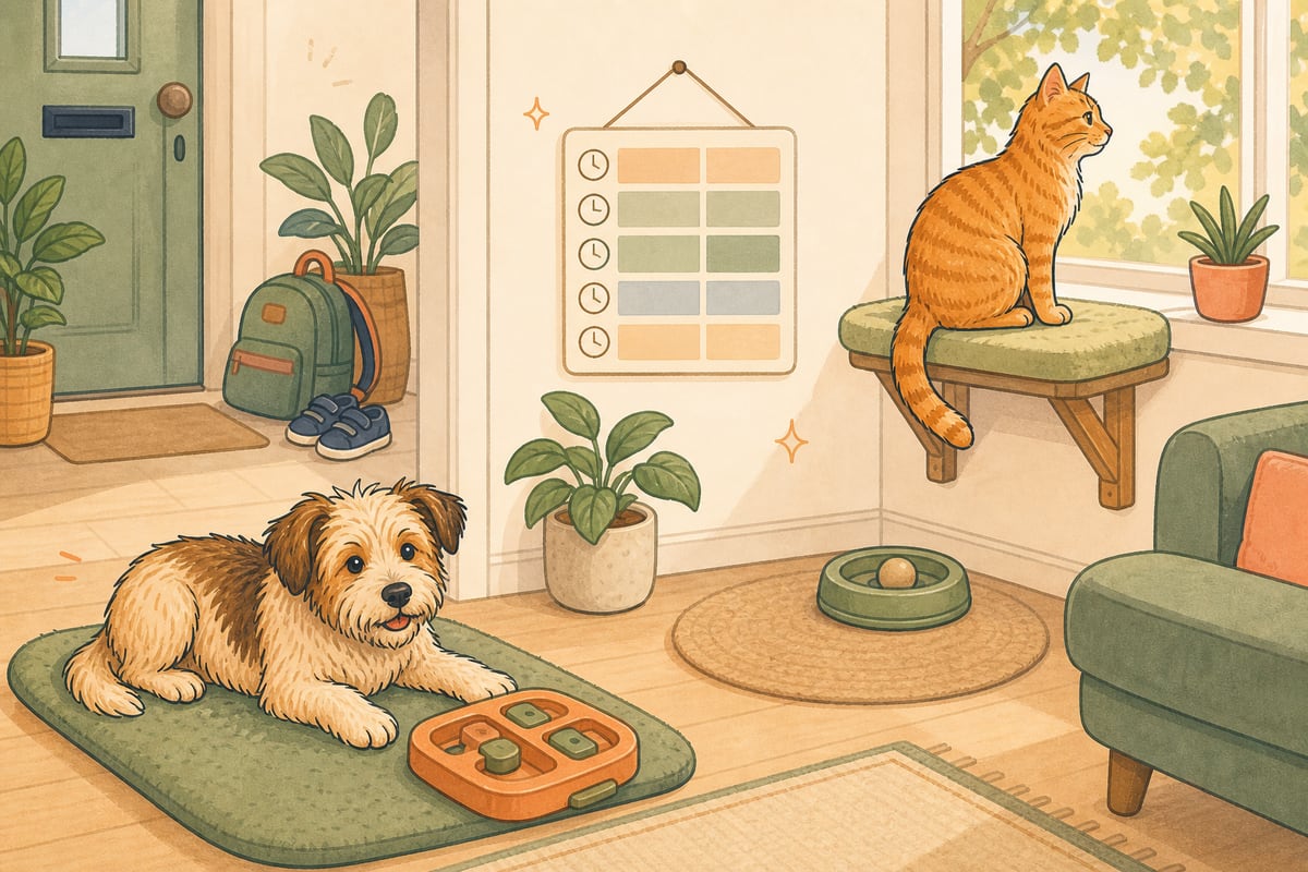 Scruffy dog relaxing with a puzzle feeder and ginger cat on a window perch beside a simple home routine board.
