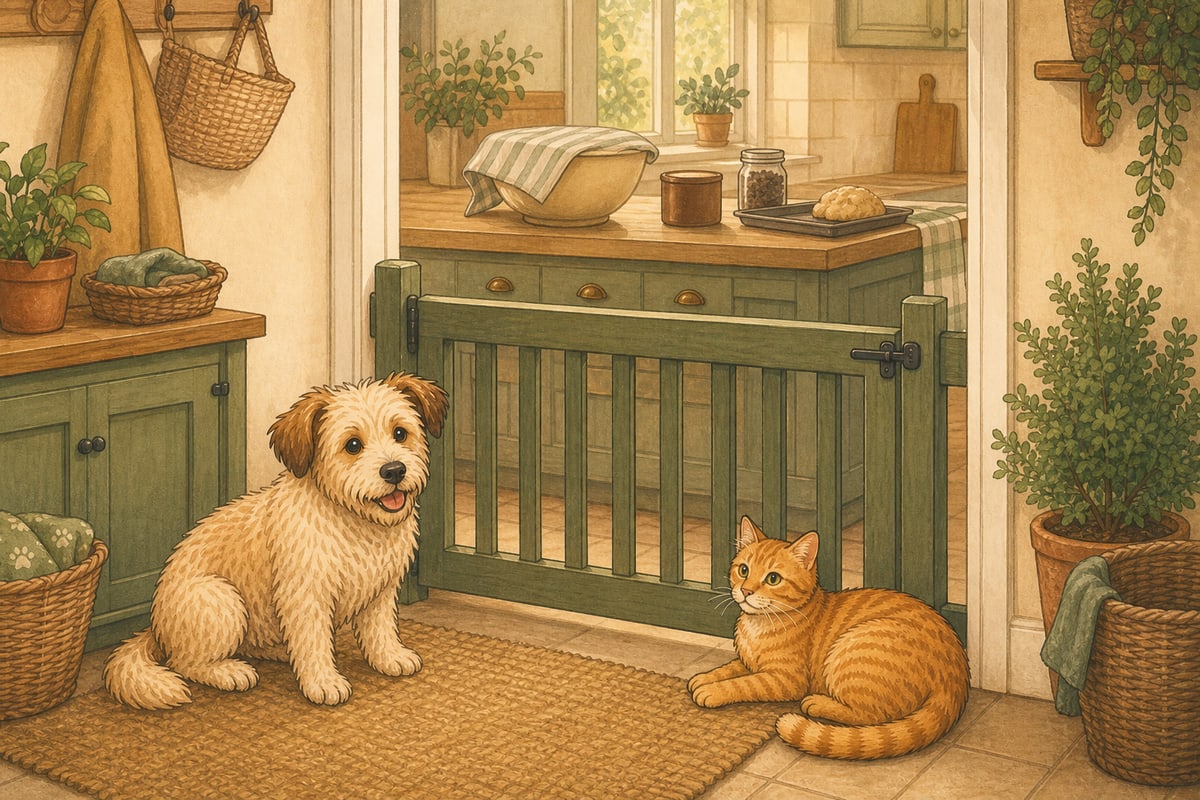 Scruffy dog and ginger cat waiting safely outside a cheerful baking area with chocolate, raisins and raw dough kept out of reach.