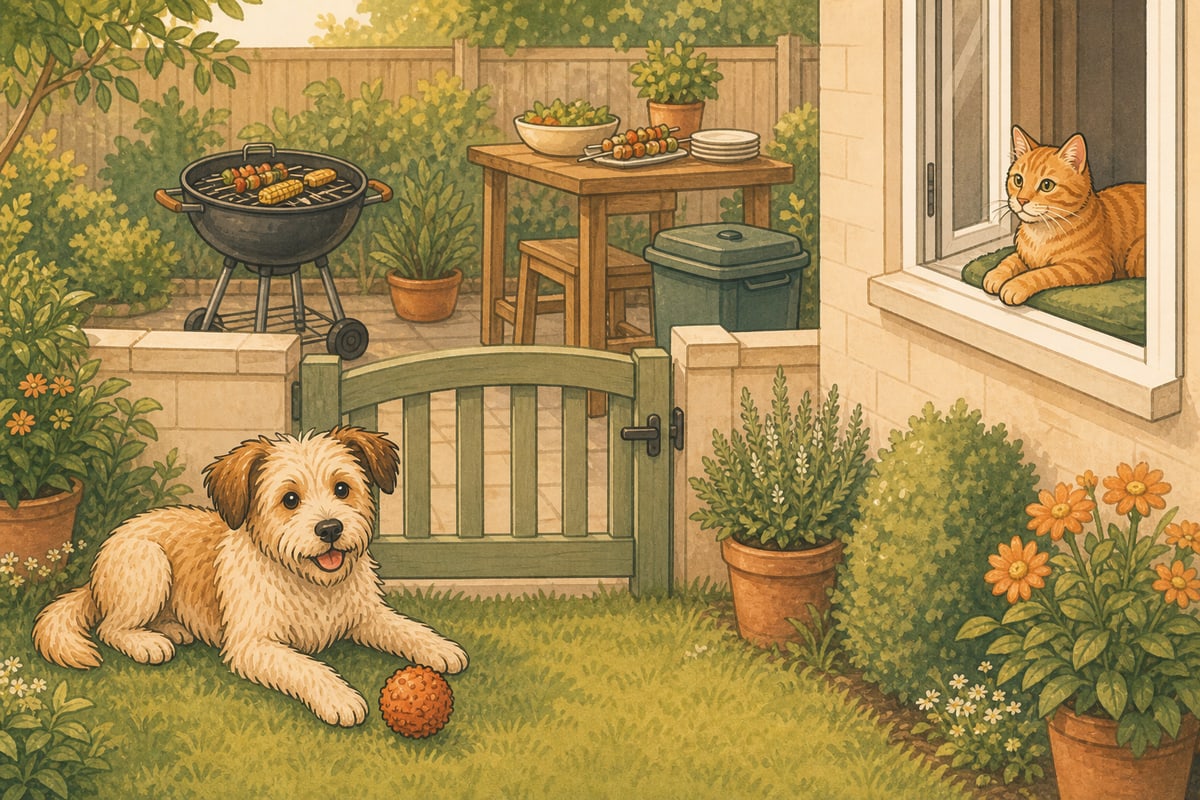 Scruffy dog and ginger cat relaxing safely behind a gate and window while a barbecue, food and lidded bin stay out of reach.