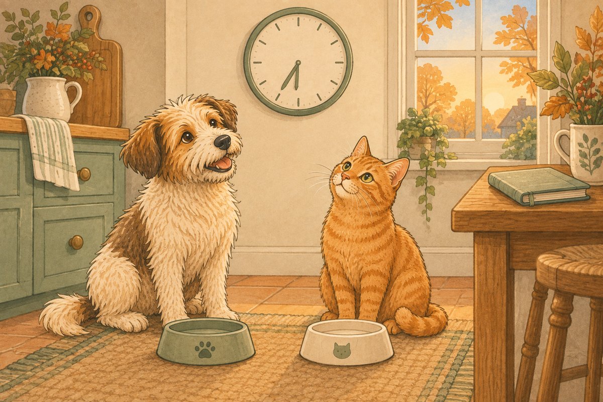 A scruffy dog and ginger cat wait beside their bowls in a warm kitchen beneath a wall clock.