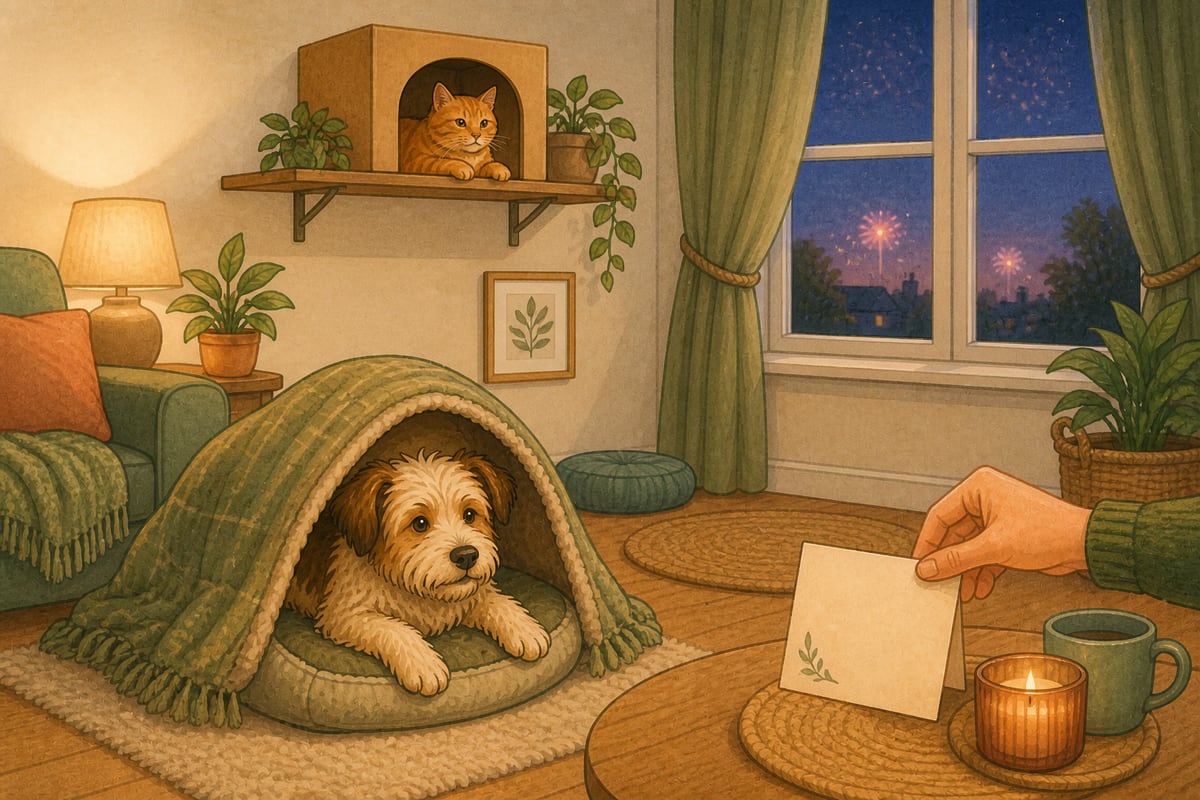 Calm dog in a blanket den and ginger cat in an elevated hide while distant fireworks glow outside a closed window.