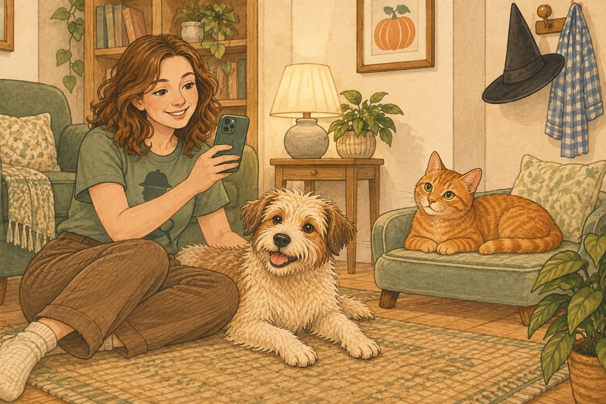 An owner photographs a relaxed scruffy dog and ginger cat at home, with human Halloween clothes hanging on the wall.