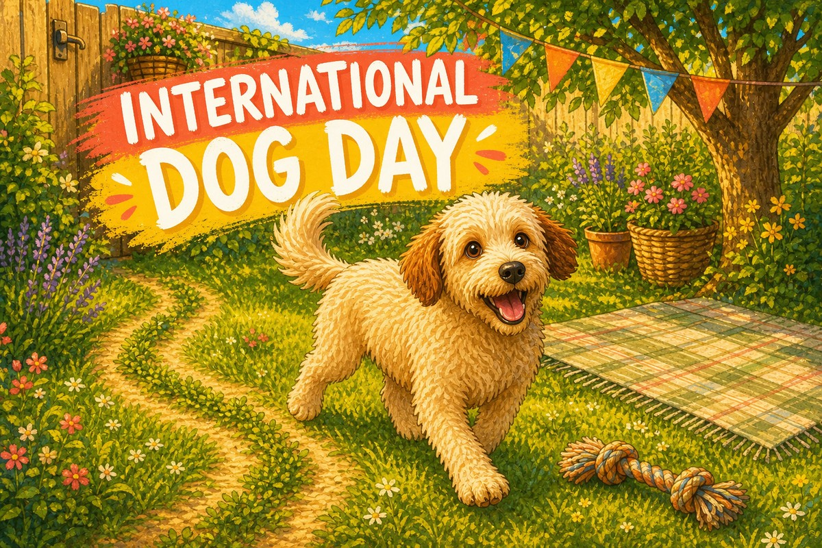 Happy scruffy dog choosing between a sniffing trail, favourite tug toy and comfortable garden blanket on National Dog Day.