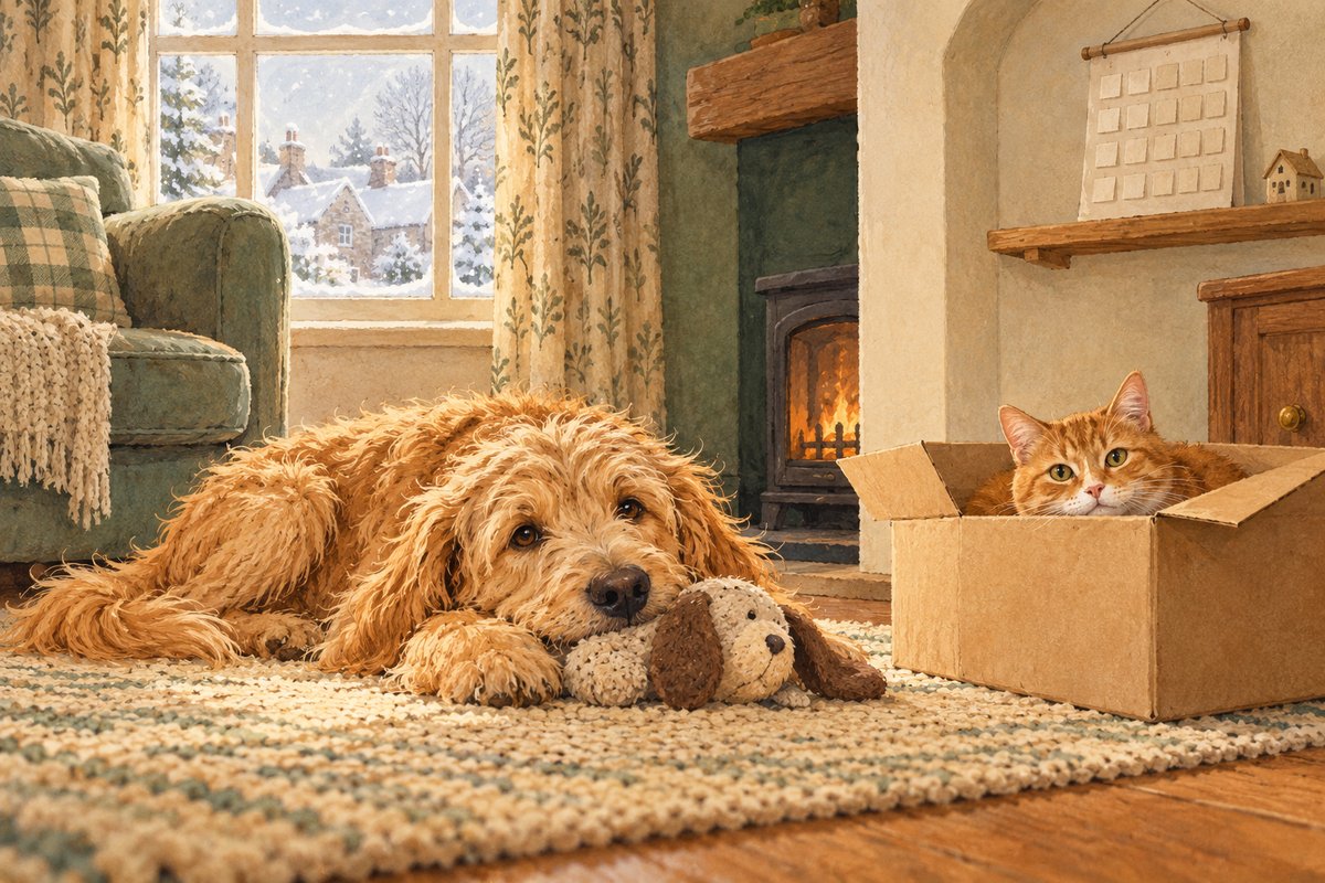 A scruffy dog rests beside a soft toy while a ginger cat sits in a cardboard box, with a paper calendar on a shelf.