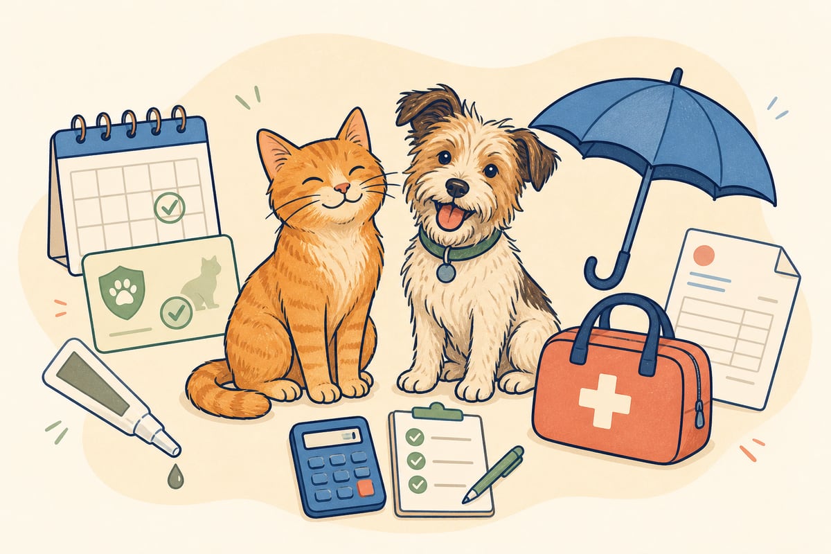 Ginger cat and scruffy dog between a routine-care calendar and an umbrella protecting a veterinary first-aid bag.