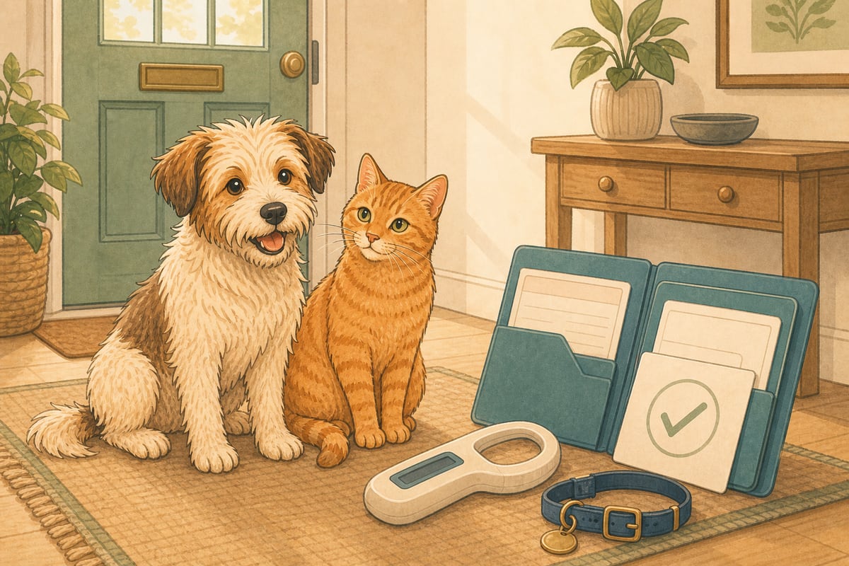 Cheerful dog and ginger cat beside a microchip scanner, collar tag and tidy folder of checked pet records.