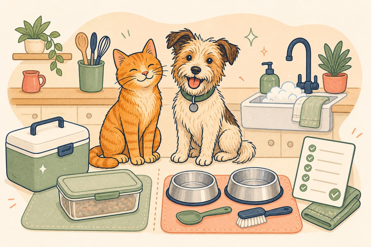 Ginger cat and scruffy dog in a tidy kitchen beside sealed pet food, dedicated bowls, cleaning brush and hygiene checklist.