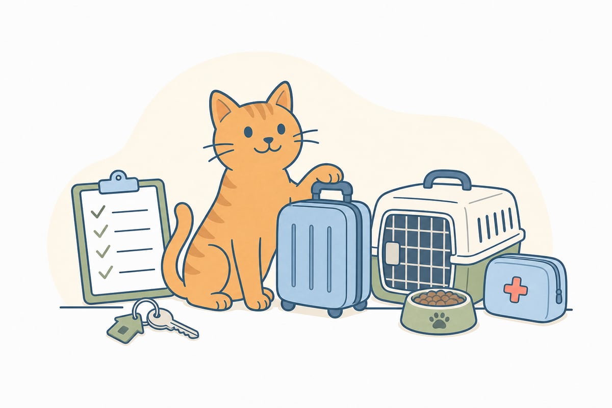 Orange cat beside a holiday suitcase, carrier, food bowl, keys and cat-sitter checklist.