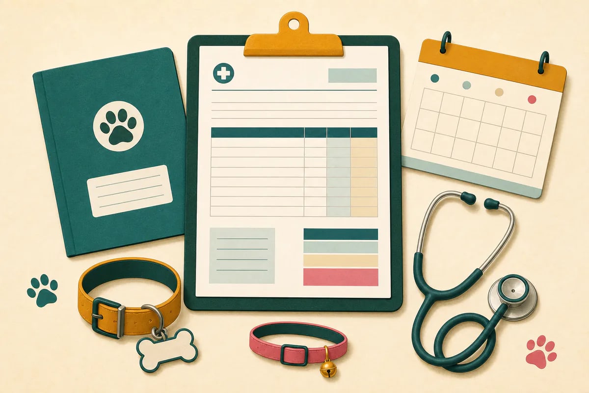 Illustrated veterinary estimate, pet records, appointment calendar, stethoscope, dog collar and cat collar for UK vet reforms.