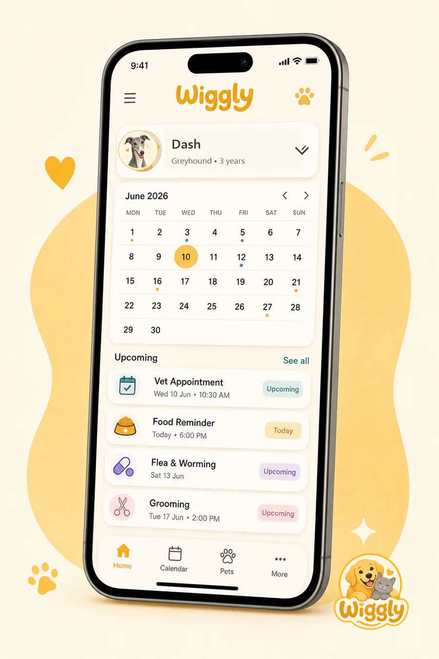 Wiggly mobile app preview showing a greyhound profile, calendar, and care reminders
