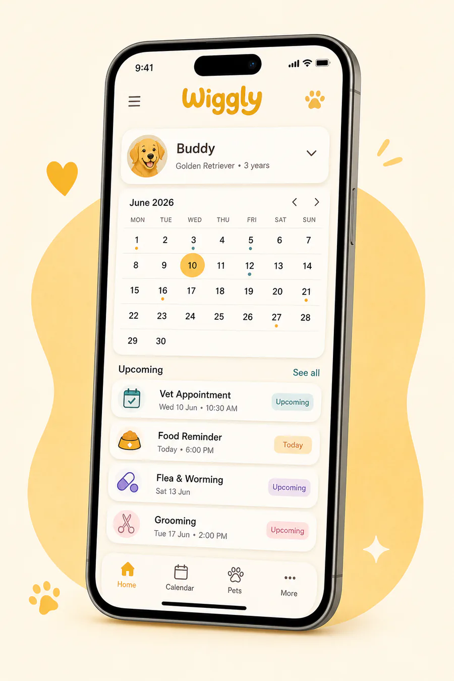 Wiggly mobile app preview showing a Golden Retriever profile, pet calendar, appointments, food reminders and treatments