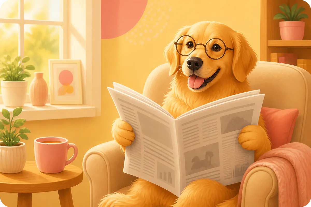 Golden retriever wearing round glasses while reading a newspaper