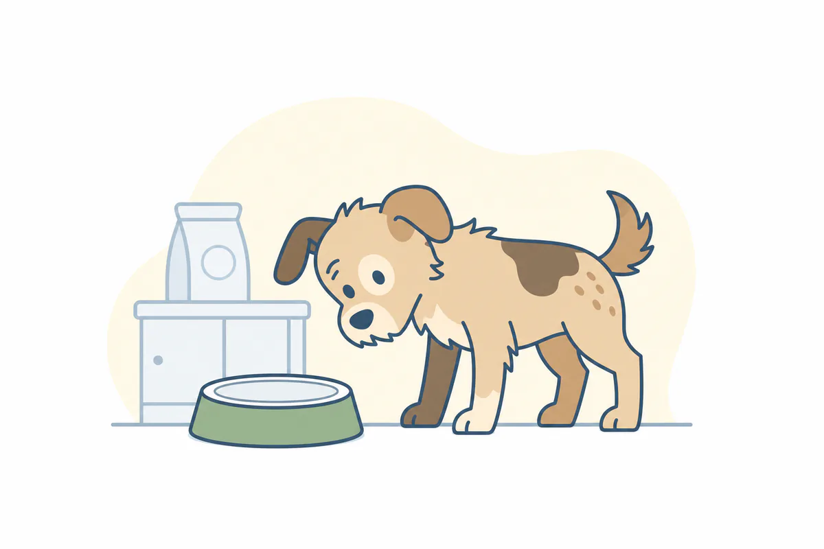 Illustration of a dog waiting beside a food bowl