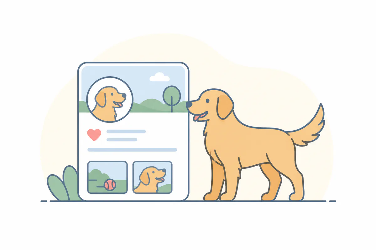 Golden retriever beside a Wiggly pet profile card