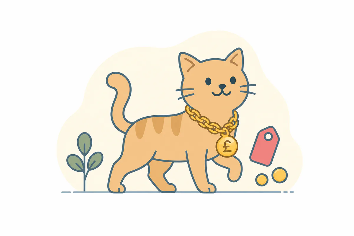 Illustration of a cat beside a pet food price alert