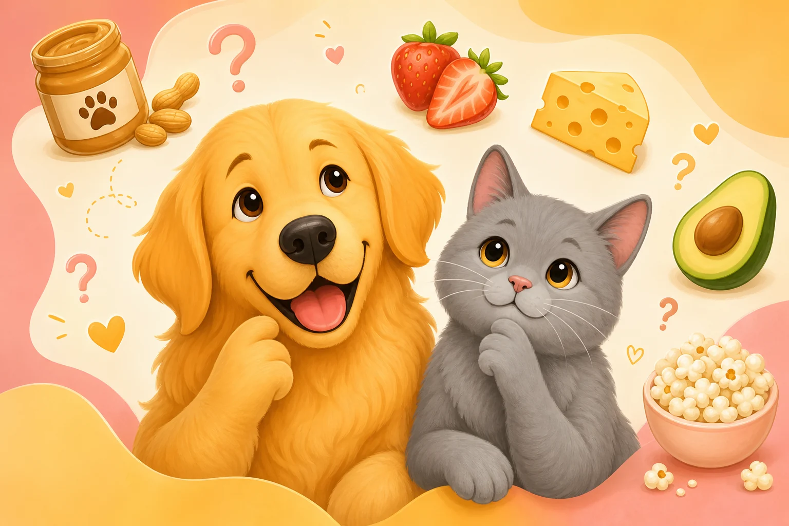 A friendly golden retriever and grey cat wondering which foods are safe